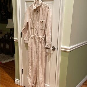 Vintage Havana Beige Corduroy Jumpsuit with Snaps and Top Pockets Belt missing